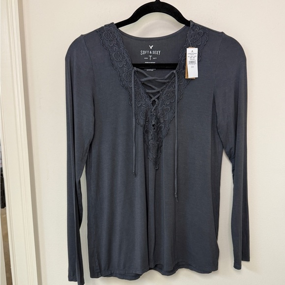 American Eagle Outfitters Tops - NWT American Eagle: Women's Long Sleeve Soft & Sexy Gray Lace Up, Size S